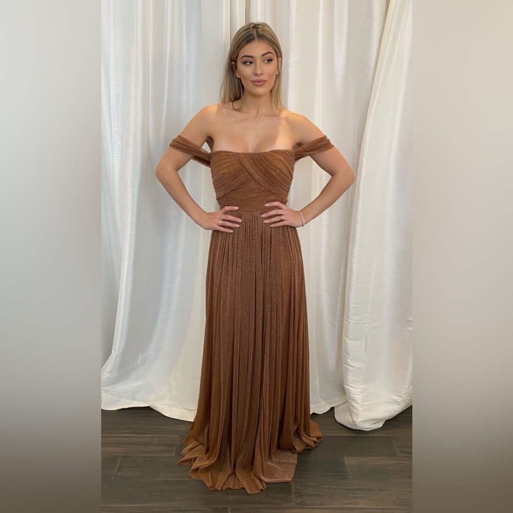 Watters Kylie Shimmer Mesh Gown in Spiced Tea s. Medium